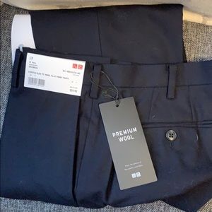 NWT Uniqlo Stretch Slim Wool Flat Pants Navy 30x34